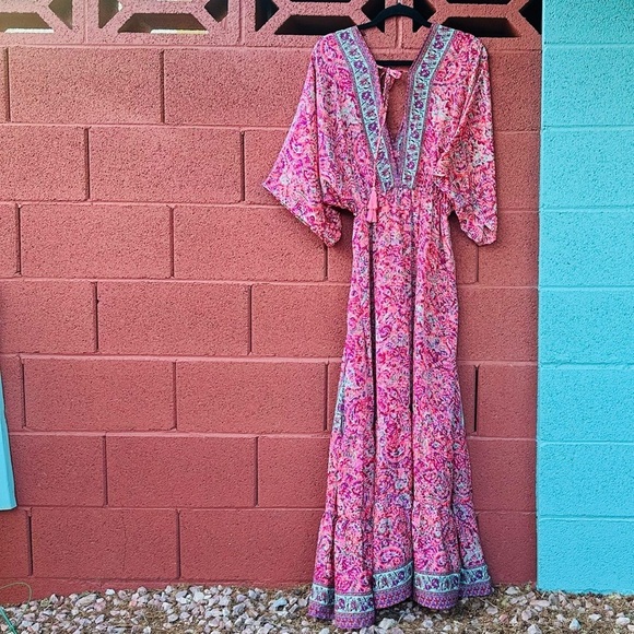 Boho Maxi Dress | Coverup Womens L Colorful Paisley Floral - Picture 6 of 10